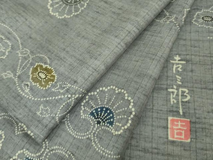 平和屋本店■極上　和染紅型　栗山紅型　栗山吉三郎　紬　花唐草文　逸品　未使用　DZAA6813kh5