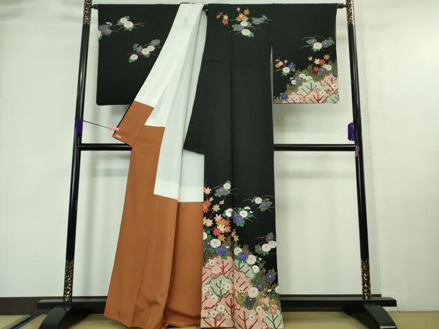 平和屋着物■極上　ファッションデザイナー 花井幸子　訪問着　刺繍　梅菊楓　黒地　金彩　三越扱い　逸品　DZAA6842kh5