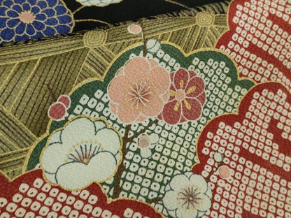 平和屋着物■極上　ファッションデザイナー 花井幸子　訪問着　刺繍　梅菊楓　黒地　金彩　三越扱い　逸品　DZAA6842kh5