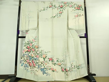 平和屋着物●極上 十日町友禅作家 岡村蒼風 訪問着 枝花文 白緑色地 暈し染め 逸品 DZAA6846kh5