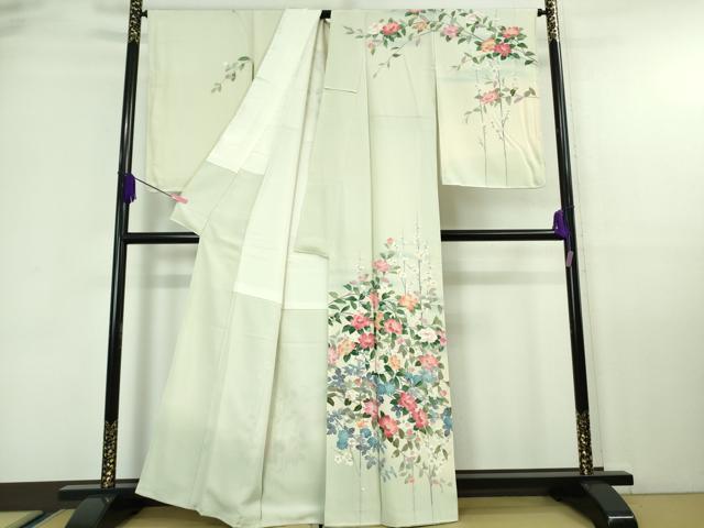 平和屋着物●極上 十日町友禅作家 岡村蒼風 訪問着 枝花文 白緑色地 暈し染め 逸品 DZAA6846kh5