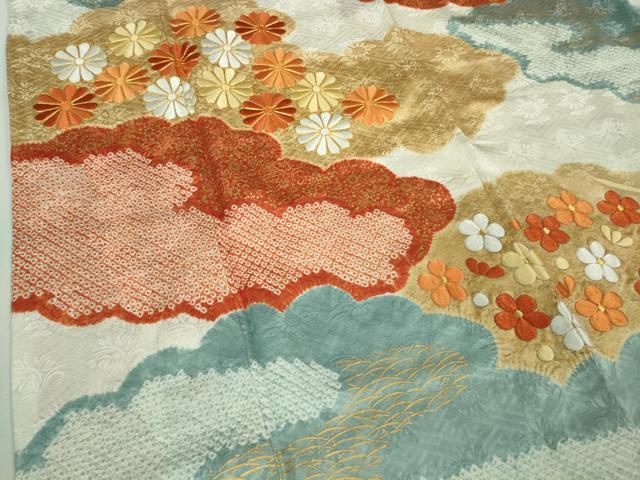 美しい上品な小豆色の横ラインの花柄模様刺繍 金彩絞り入り 美品 D60277A6-037F-4B50-B7A5-
