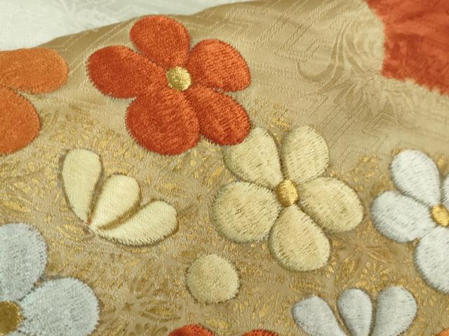 美しい上品な小豆色の横ラインの花柄模様刺繍 金彩絞り入り 美品 D60277A6-037F-4B50-B7A5-