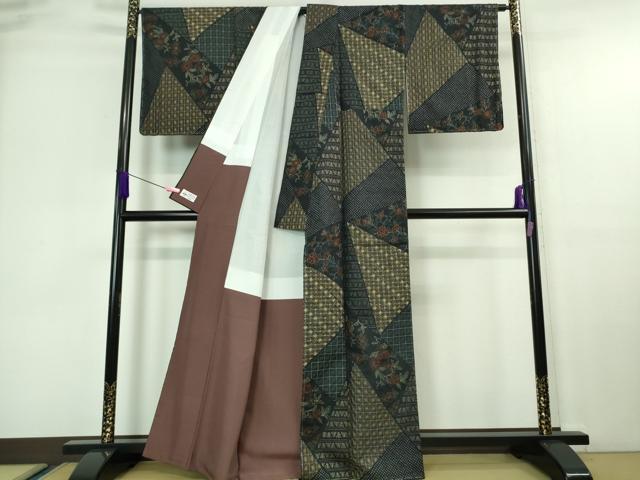 平和屋本店■極上　本場大島紬　刺し子　総刺繍　切嵌　名物裂花文　褐返色地　やまと誂製　逸品　未使用　DZAA6866kh5