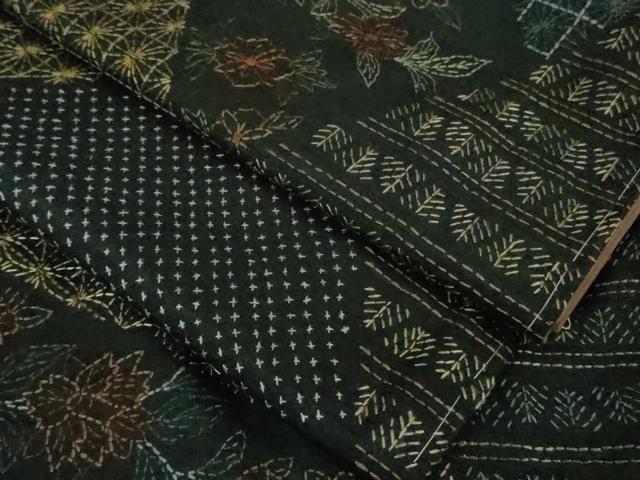 平和屋本店■極上　本場大島紬　刺し子　総刺繍　切嵌　名物裂花文　褐返色地　やまと誂製　逸品　未使用　DZAA6866kh5