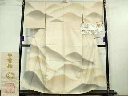 平和屋本店▽極上 石川県指定無形文化財 牛首紬 白山工房 手織り 訪問着 単衣 重ね山 証紙付き 逸品 未使用 DZAA6885kh5