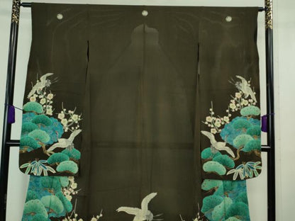 平和屋本店■希少　夏物　アンティーク　大正ロマン　振袖　縦絽　相良刺繍　飛鶴松竹梅　黒地　逸品　DZAA7073kh5