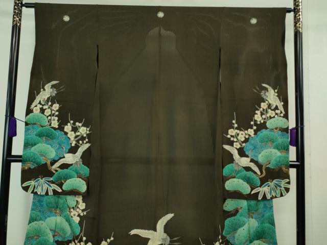 平和屋本店■希少　夏物　アンティーク　大正ロマン　振袖　縦絽　相良刺繍　飛鶴松竹梅　黒地　逸品　DZAA7073kh5