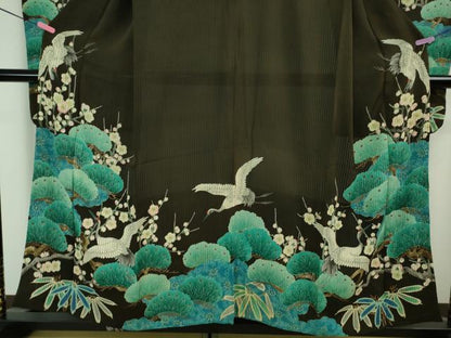 平和屋本店■希少　夏物　アンティーク　大正ロマン　振袖　縦絽　相良刺繍　飛鶴松竹梅　黒地　逸品　DZAA7073kh5