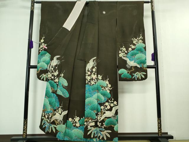 平和屋本店■希少　夏物　アンティーク　大正ロマン　振袖　縦絽　相良刺繍　飛鶴松竹梅　黒地　逸品　DZAA7073kh5