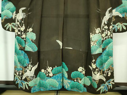 平和屋本店■希少　夏物　アンティーク　大正ロマン　振袖　縦絽　相良刺繍　飛鶴松竹梅　黒地　逸品　DZAA7073kh5