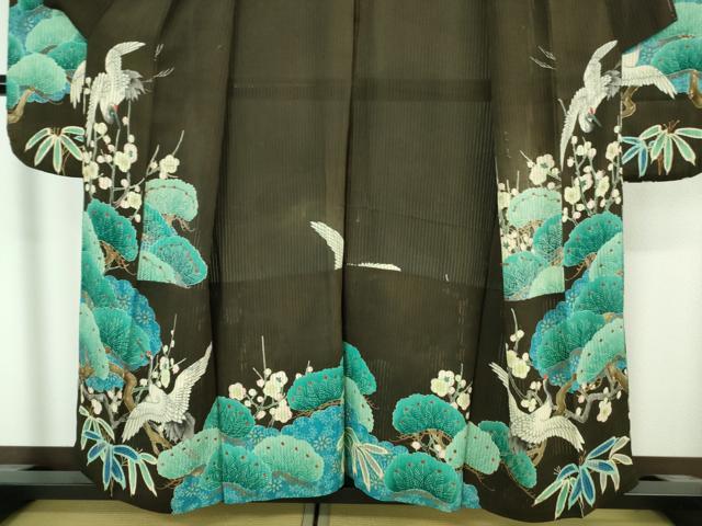 平和屋本店■希少　夏物　アンティーク　大正ロマン　振袖　縦絽　相良刺繍　飛鶴松竹梅　黒地　逸品　DZAA7073kh5