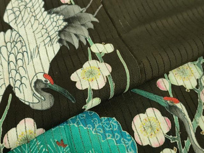 平和屋本店■希少　夏物　アンティーク　大正ロマン　振袖　縦絽　相良刺繍　飛鶴松竹梅　黒地　逸品　DZAA7073kh5