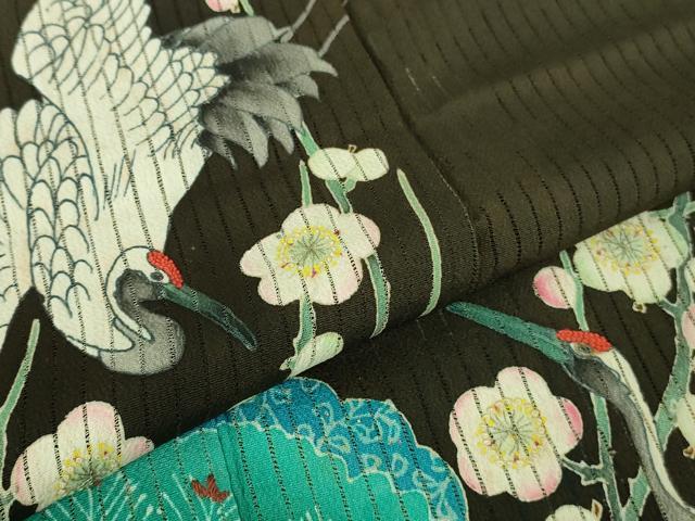 平和屋本店■希少　夏物　アンティーク　大正ロマン　振袖　縦絽　相良刺繍　飛鶴松竹梅　黒地　逸品　DZAA7073kh5