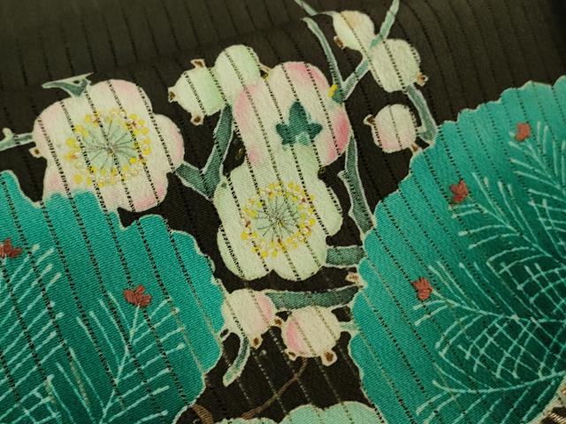 平和屋本店■希少　夏物　アンティーク　大正ロマン　振袖　縦絽　相良刺繍　飛鶴松竹梅　黒地　逸品　DZAA7073kh5