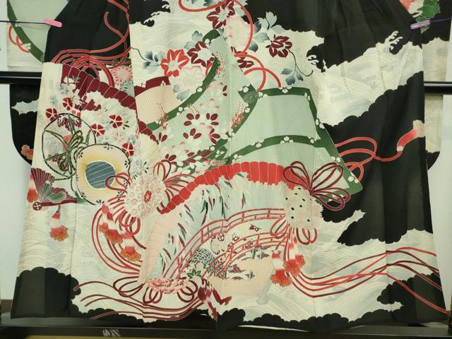 平和屋本店＊希少 夏物 アンティーク 大正ロマン 振袖 絽縮緬 檜扇立波花文 黒地 銀彩 逸品 DZAA7074kh5