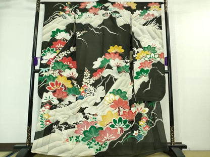 平和屋本店＊希少 夏物 アンティーク 大正ロマン 振袖 絽 駒刺繍 立波松花文 黒地 逸品 DZAA7075kh5