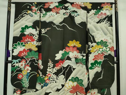 平和屋本店＊希少 夏物 アンティーク 大正ロマン 振袖 絽 駒刺繍 立波松花文 黒地 逸品 DZAA7075kh5