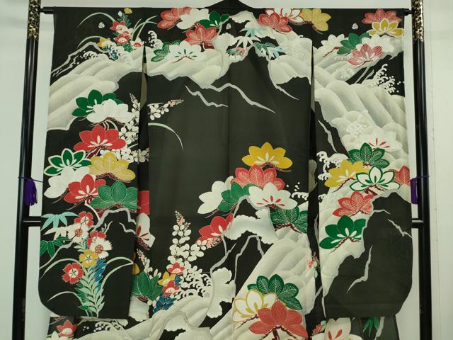 平和屋本店＊希少 夏物 アンティーク 大正ロマン 振袖 絽 駒刺繍 立波松花文 黒地 逸品 DZAA7075kh5