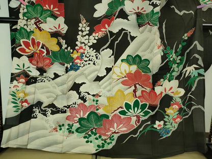 平和屋本店＊希少 夏物 アンティーク 大正ロマン 振袖 絽 駒刺繍 立波松花文 黒地 逸品 DZAA7075kh5