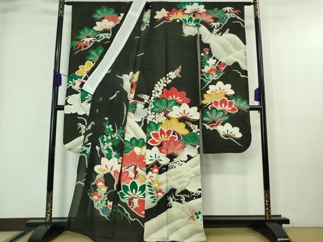 平和屋本店＊希少 夏物 アンティーク 大正ロマン 振袖 絽 駒刺繍 立波松花文 黒地 逸品 DZAA7075kh5
