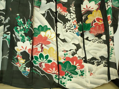 平和屋本店＊希少 夏物 アンティーク 大正ロマン 振袖 絽 駒刺繍 立波松花文 黒地 逸品 DZAA7075kh5