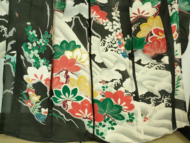 平和屋本店＊希少 夏物 アンティーク 大正ロマン 振袖 絽 駒刺繍 立波松花文 黒地 逸品 DZAA7075kh5