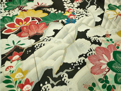 平和屋本店＊希少 夏物 アンティーク 大正ロマン 振袖 絽 駒刺繍 立波松花文 黒地 逸品 DZAA7075kh5