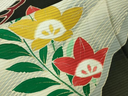 平和屋本店＊希少 夏物 アンティーク 大正ロマン 振袖 絽 駒刺繍 立波松花文 黒地 逸品 DZAA7075kh5