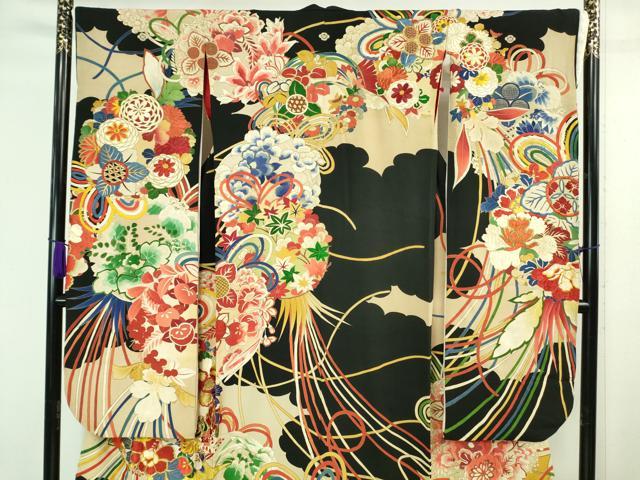 平和屋本店■極上　アンティーク　大正ロマン　振袖　駒刺繍　花薬玉　黒地　金糸　逸品　DZAA7076kh5