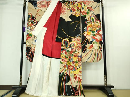 平和屋本店■極上　アンティーク　大正ロマン　振袖　駒刺繍　花薬玉　黒地　金糸　逸品　DZAA7076kh5