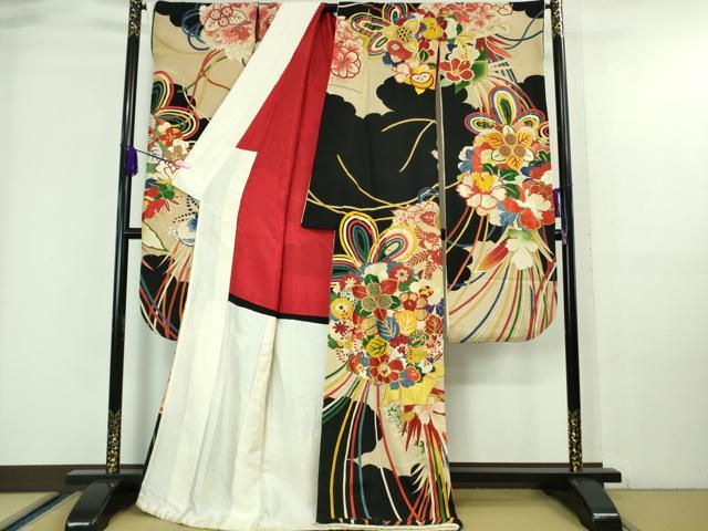 平和屋本店■極上　アンティーク　大正ロマン　振袖　駒刺繍　花薬玉　黒地　金糸　逸品　DZAA7076kh5
