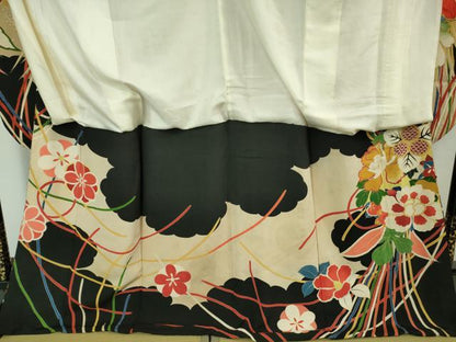 平和屋本店■極上　アンティーク　大正ロマン　振袖　駒刺繍　花薬玉　黒地　金糸　逸品　DZAA7076kh5