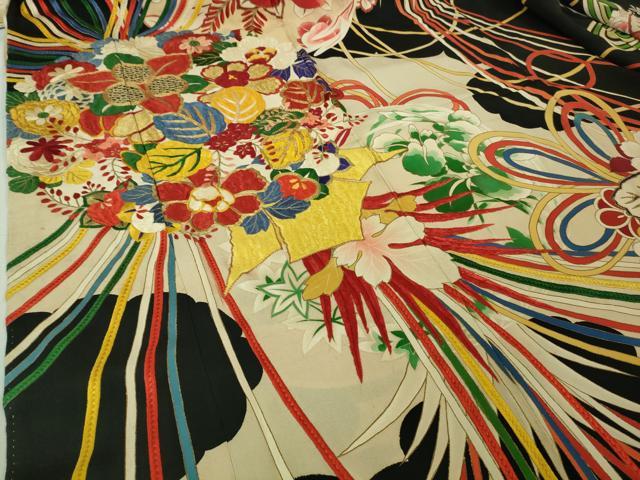 平和屋本店■極上　アンティーク　大正ロマン　振袖　駒刺繍　花薬玉　黒地　金糸　逸品　DZAA7076kh5