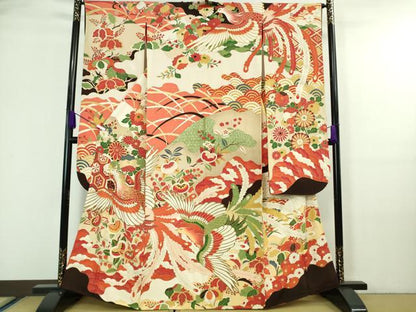 平和屋本店●極上 アンティーク 大正ロマン 振袖 刺繍 鳳凰吉祥花文 金糸 逸品 DZAA7084kh5