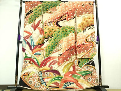 平和屋本店■極上　アンティーク　大正ロマン　振袖　刺繍　松　羊歯　金糸　逸品　DZAA7085kh5