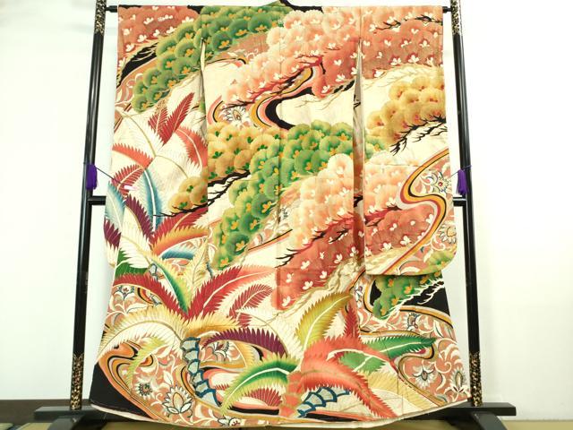 平和屋本店■極上　アンティーク　大正ロマン　振袖　刺繍　松　羊歯　金糸　逸品　DZAA7085kh5