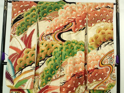 平和屋本店■極上　アンティーク　大正ロマン　振袖　刺繍　松　羊歯　金糸　逸品　DZAA7085kh5