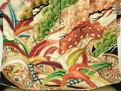 平和屋本店■極上　アンティーク　大正ロマン　振袖　刺繍　松　羊歯　金糸　逸品　DZAA7085kh5