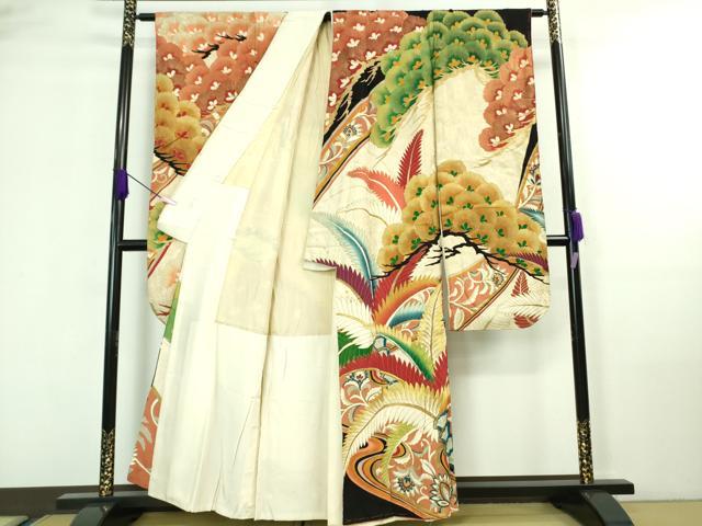 平和屋本店■極上　アンティーク　大正ロマン　振袖　刺繍　松　羊歯　金糸　逸品　DZAA7085kh5