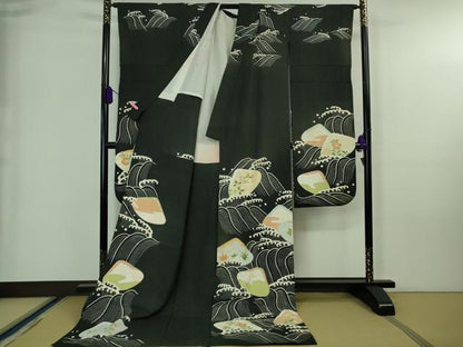 平和屋本店■希少　アンティーク　大正ロマン　お引きずり・お引き摺り・引き振袖　絽袷　貝合わせ　黒地　銀彩　逸品　DZAA7090kh5