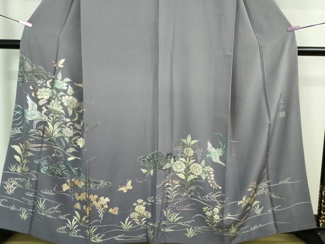 平和屋本店■極上　金彩友禅　卓越技能者・名工・和田光正　訪問着　白鳥　舞蝶花文　藤鼠色地　暈し染め　金銀彩　逸品　DZAA7096kh5