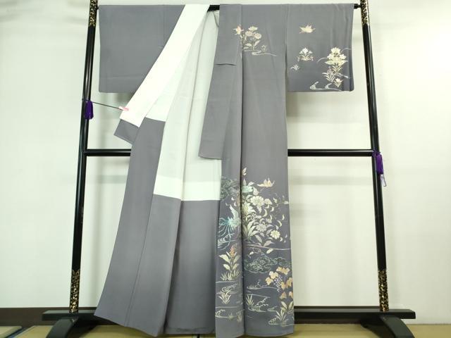 平和屋本店■極上　金彩友禅　卓越技能者・名工・和田光正　訪問着　白鳥　舞蝶花文　藤鼠色地　暈し染め　金銀彩　逸品　DZAA7096kh5