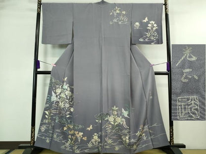 平和屋本店■極上　金彩友禅　卓越技能者・名工・和田光正　訪問着　白鳥　舞蝶花文　藤鼠色地　暈し染め　金銀彩　逸品　DZAA7096kh5