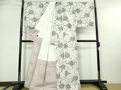 平和屋着物●極上 森英恵・HANAE MORI 小紋・名古屋帯セット 花 桜色地 やまと誂製 洗える着物 逸品 DZAA7144kh5