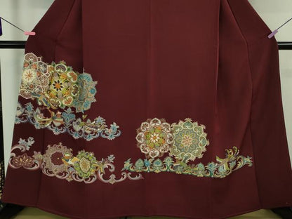 平和屋本店■極上　創業460年・千總　色留袖　駒刺繍　正倉院花鳥文　葡萄色地　金彩　高島屋扱い　逸品　DZAA7149kh5