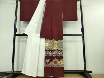 平和屋本店■極上　創業460年・千總　色留袖　駒刺繍　正倉院花鳥文　葡萄色地　金彩　高島屋扱い　逸品　DZAA7149kh5