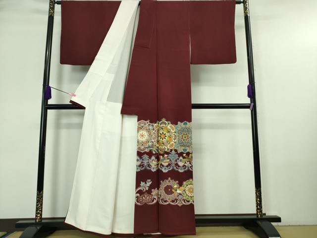 平和屋本店■極上　創業460年・千總　色留袖　駒刺繍　正倉院花鳥文　葡萄色地　金彩　高島屋扱い　逸品　DZAA7149kh5