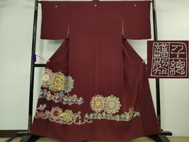 平和屋本店■極上　創業460年・千總　色留袖　駒刺繍　正倉院花鳥文　葡萄色地　金彩　高島屋扱い　逸品　DZAA7149kh5