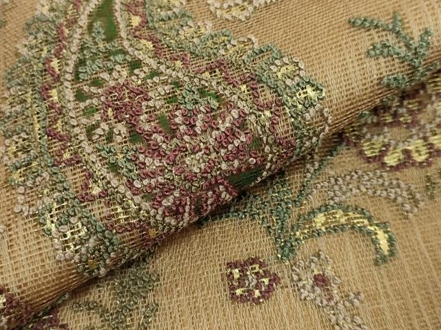 平和屋本店■極上 銀座もとじ 相良刺繍 総刺繍 九寸名古屋帯 スリーシーズン帯 ペイズリー花文 朽葉色地 たとう紙付き 逸品 DZAA7155kh5